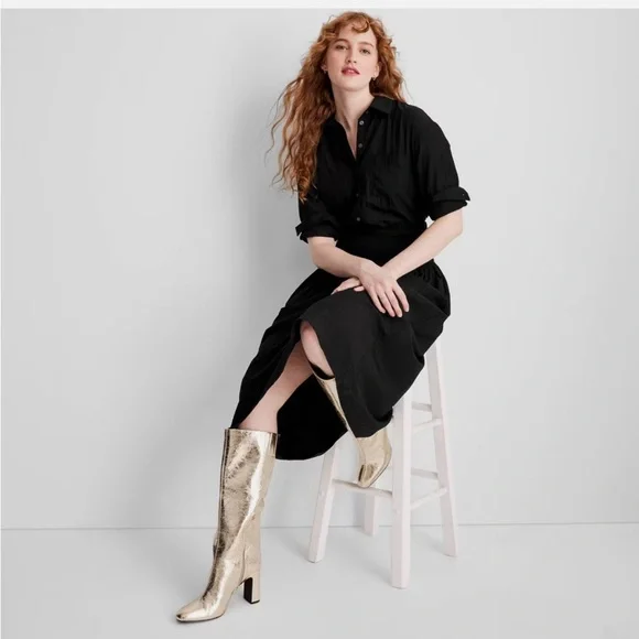 NWT FUTURE COLLECTIVE Collard Long Sleeve Smocked Midi Shirtdress - Sz: XXS - Picture 2 of 16